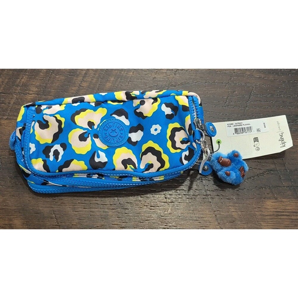 KIPLING Makep Bag / Pencil Pouch Leopard  Floral w/ Monkey Keychain EUC